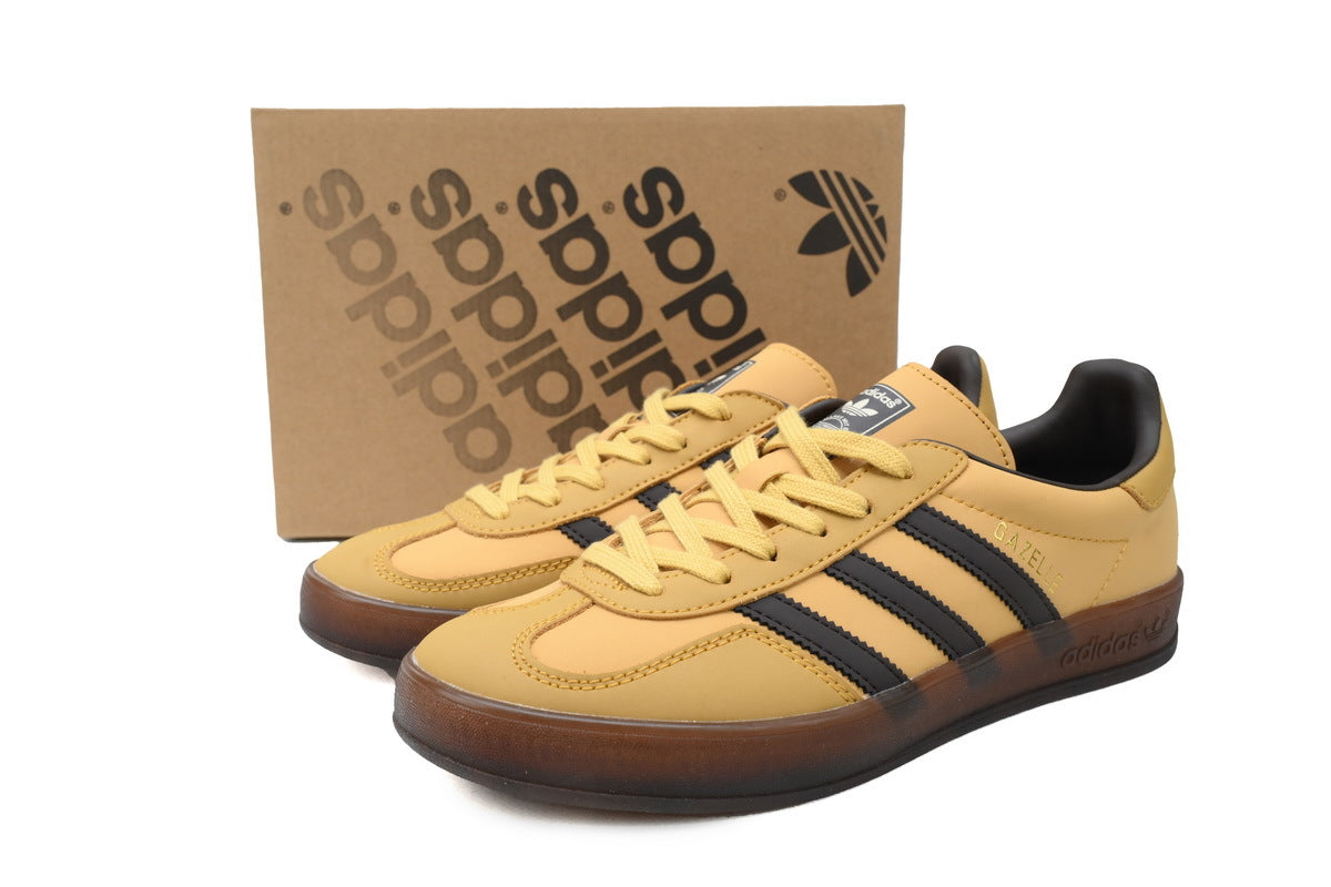 Adidas Gazelle Indoor Sneakers Yellow Black Gum Sole Retro Leather Shoes