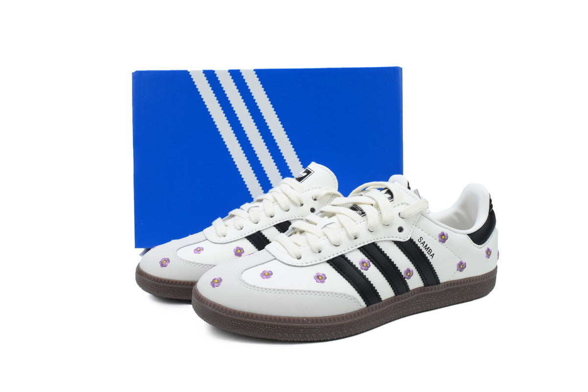Adidas Samba White Black Purple Floral Embroidery Women Sneakers
