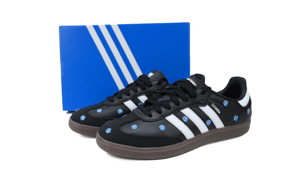 Adidas Samba Black White Blue Floral Embroidery Women Sneakers