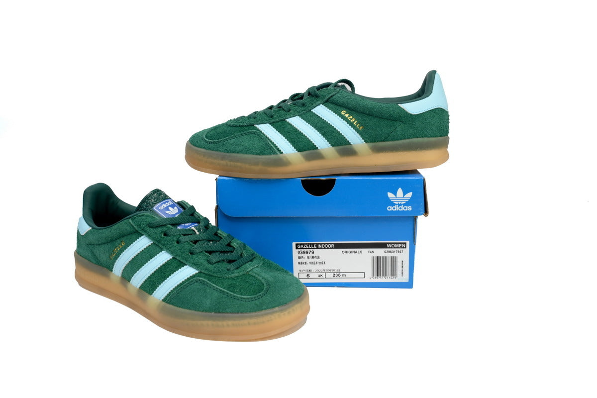 Adidas Gazelle Indoor Sneakers Dark Green Light Blue Gum Sole Retro Suede Shoes