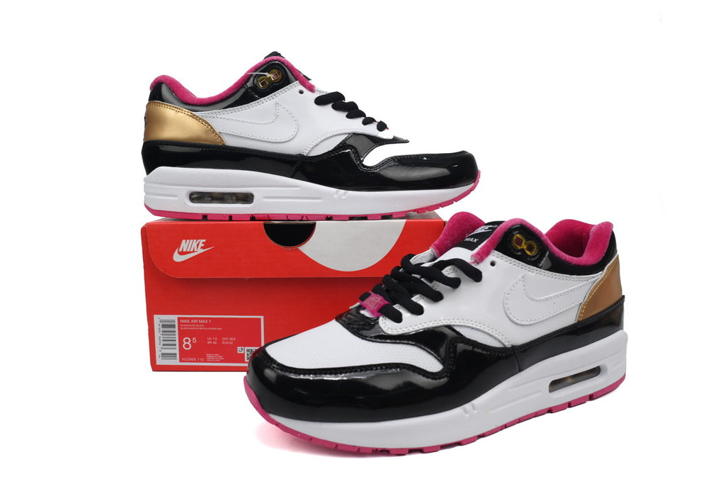 Nike Air Max 1 Black White Patent Leather Pink Gold Retro Sneakers