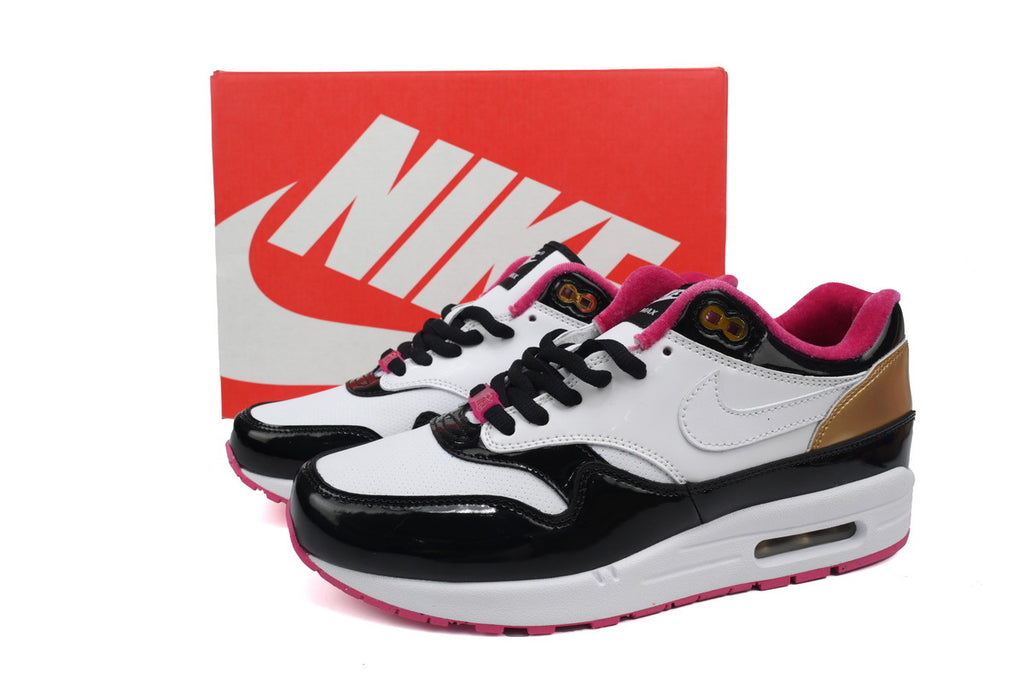 Nike Air Max 1 Black White Patent Leather Pink Gold Retro Sneakers