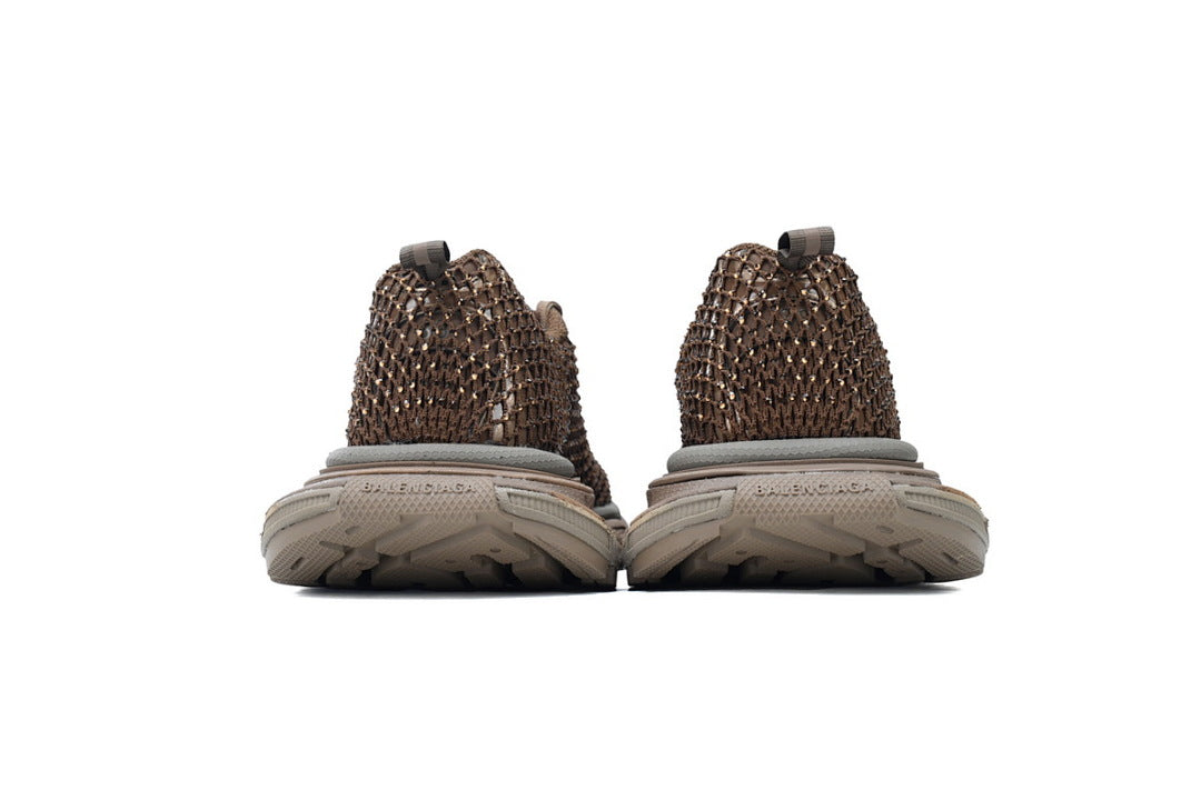 Balenciaga 3XL Fishnet Rhinestone Sneakers Brown Chunky Running Shoes