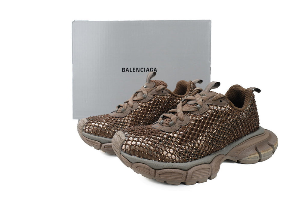 Balenciaga 3XL Fishnet Rhinestone Sneakers Brown Chunky Running Shoes