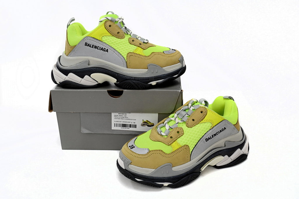 Balenciaga Triple S Sneaker Fluorescent Green Grey Tan Chunky Dad Shoes For Men Women