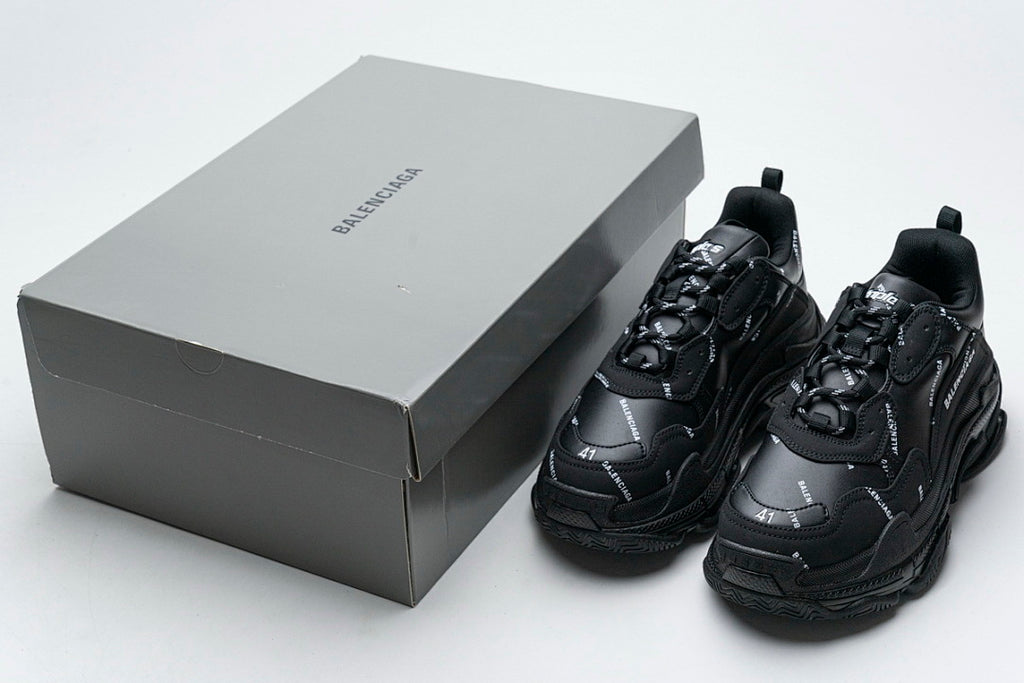 Balenciaga Triple S Sneaker Black All Over Logo Print Chunky Dad Shoes For Men Women