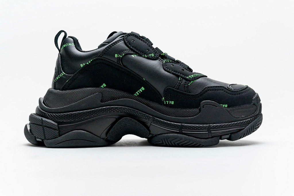 Balenciaga Triple S Sneaker Black Allover Green Logo Chunky Dad Shoes For Men Women