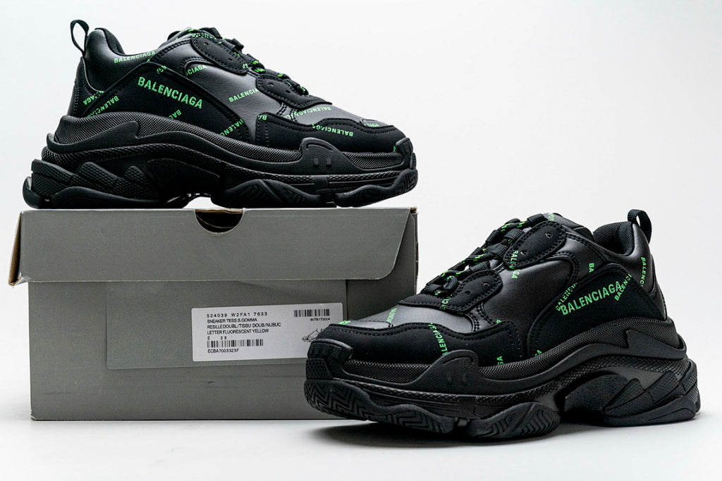 Balenciaga Triple S Sneaker Black Allover Green Logo Chunky Dad Shoes For Men Women