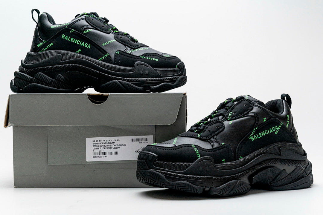Balenciaga Triple S Sneaker Black Allover Green Logo Chunky Dad Shoes For Men Women
