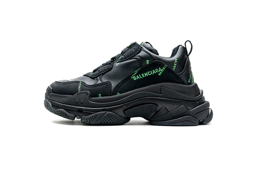 Balenciaga Triple S Sneaker Black Allover Green Logo Chunky Dad Shoes For Men Women
