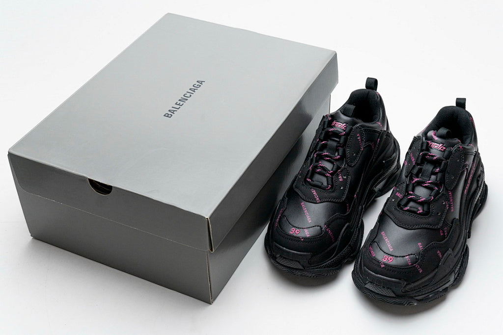 Balenciaga Triple S Sneaker Black With Pink Logo Print Chunky Dad Shoes For Men Women