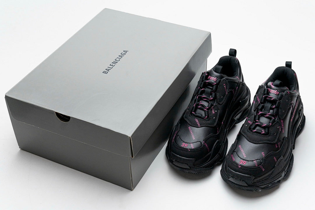 Balenciaga Triple S Sneaker Black With Pink Logo Print Chunky Dad Shoes For Men Women