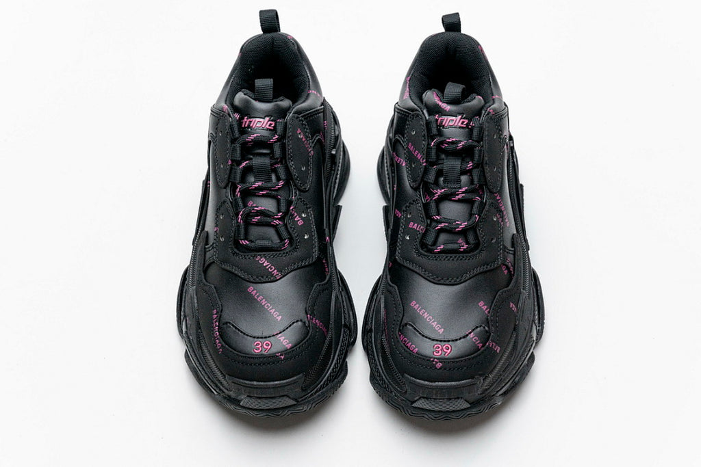Balenciaga Triple S Sneaker Black With Pink Logo Print Chunky Dad Shoes For Men Women