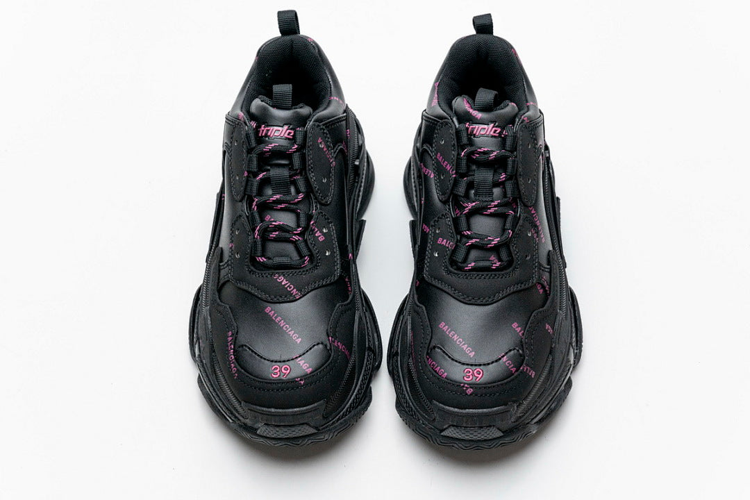 Balenciaga Triple S Sneaker Black With Pink Logo Print Chunky Dad Shoes For Men Women