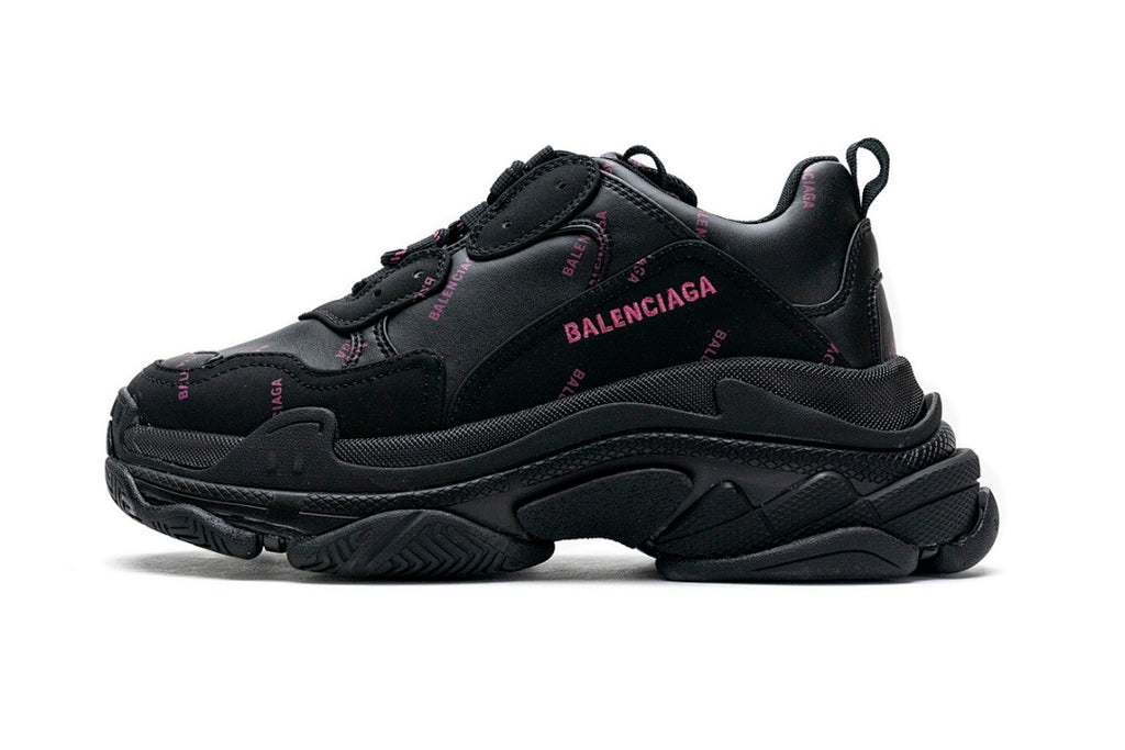 Balenciaga Triple S Sneaker Black With Pink Logo Print Chunky Dad Shoes For Men Women