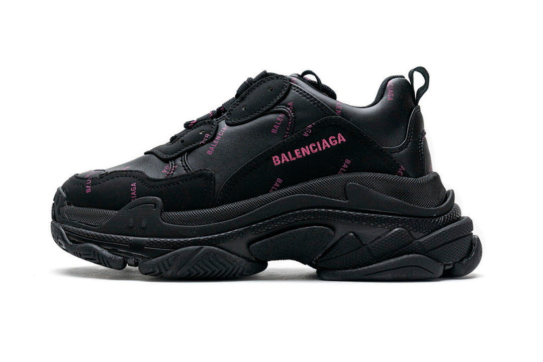 Balenciaga Triple S Sneaker Black With Pink Logo Print Chunky Dad Shoes For Men Women